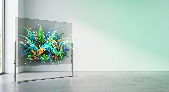 Transparent OLED display screen showing glowing vibrant digital flora technology concept in modern interior with copy space