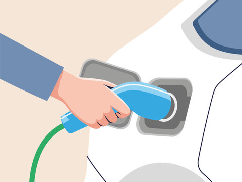 Person connects a charger to an electric car at a charging station. Energy-saving technologies, sustainable development and care for the environment. Vector illustration.