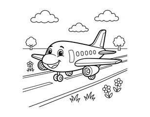 Obraz premium Friendly passenger airplane coloring page vector illustration on runway with airplane aircraft airliner aviation