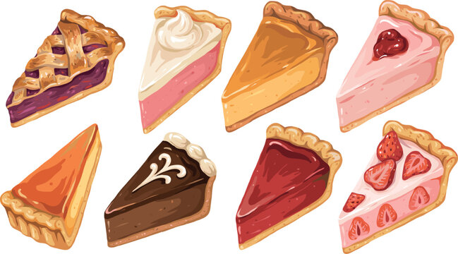 Delicious sweet pie slices vector set featuring cherry lattice tart pumpkin pie chocolate cream cake strawberry cheesecake and lemon curd isolated on white background.