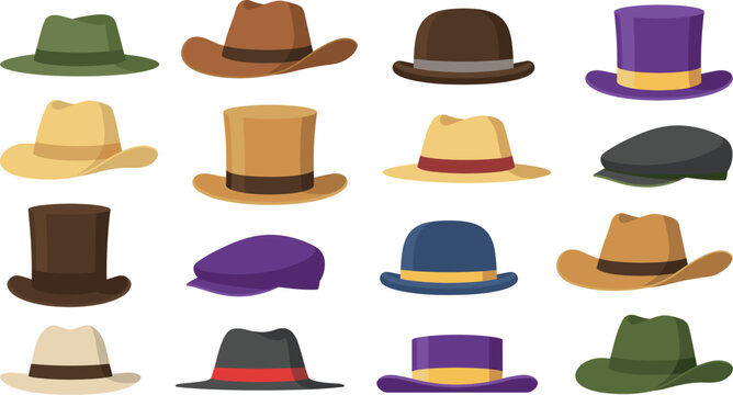 Classic men fashion hats vector set featuring vintage top hats traditional cowboy fedoras bowler hats panama straws and flat caps isolated on white background.