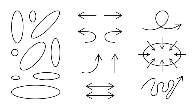Minimalist hand drawn arrow set, black doodle pointer icons, sketch oval frames and correction marks on white background