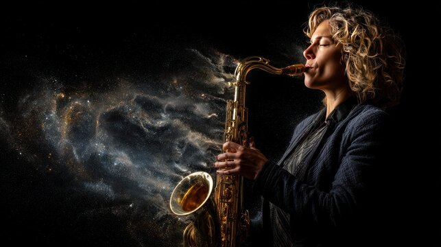 A woman with curly hair playing a saxophone against a dark background with artistic effects