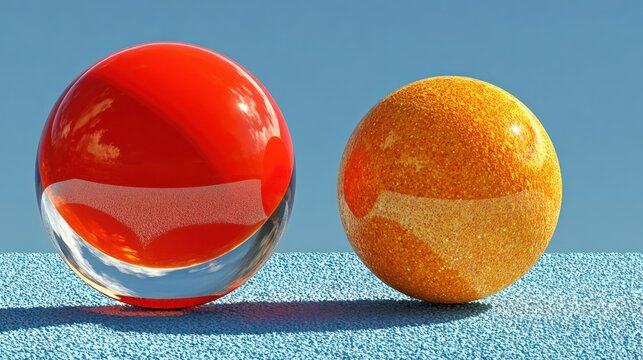 Two translucent spheres sit side-by-side, one red and clear, the other textured and orange, on a blue surface