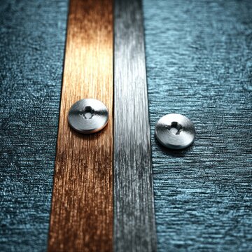 Close-up of Copper and Silver Metal Strips with Screws on Textured Surface.