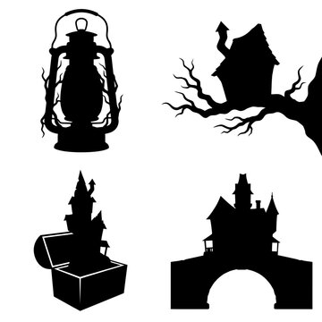 Spooky Halloween icons vector set. Black silhouettes of lanterns and haunted houses. Vintage witch hocus pocus magic decorations and treasure box symbols isolated on White Background Halloween