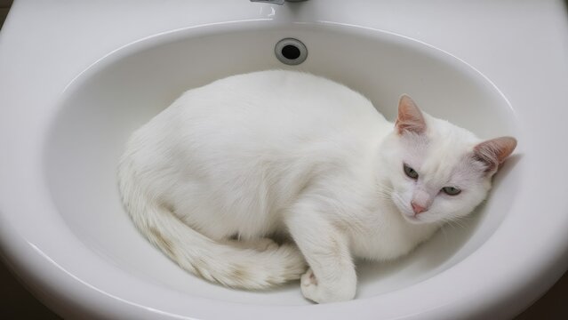 White Cat Comfortably Nestled in a Clean Bathroom Sink