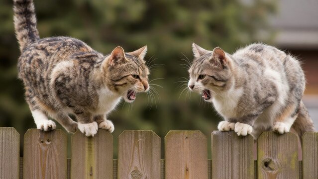 Two Cats Facing Off on a Wooden Fence in a Backyard Setting