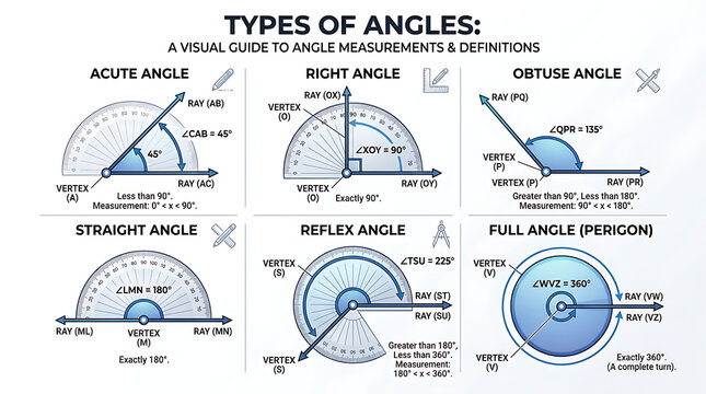 Educational Geometry Chart Illustrating Different Types of Angle Measurements and Mathematical Definitions for Students