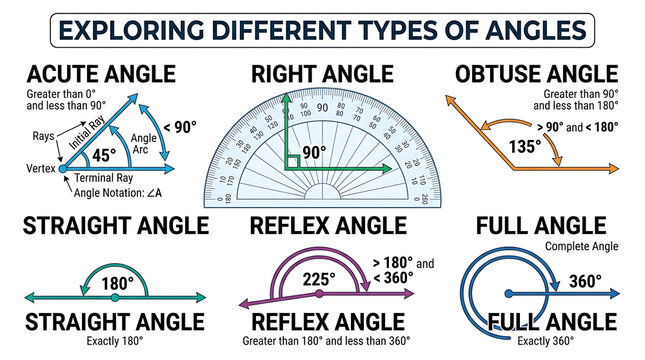 Educational illustration showing various types of geometric angles with measurements and definitions for mathematics learning