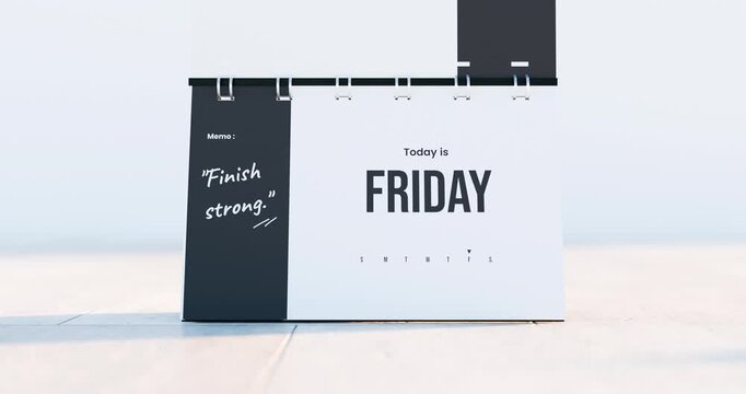 Desk calendar pages flipping from friday to sunday with motivational weekend memos in bright outdoor setting