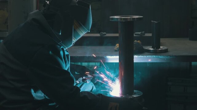Welder Welding Steel Pipe Flange in Dark Workshop | Industrial Worker in Protective Mask with Bright Sparks | Metal Fabrication Manufacturing Close-Up