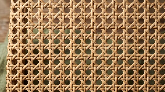 Close-up texture of a tightly woven natural rattan basket weave pattern