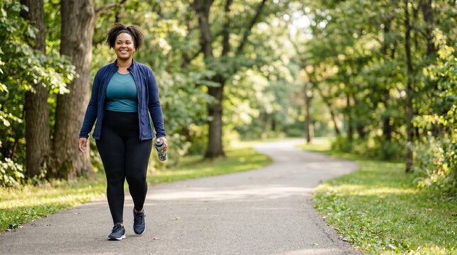 Healthy Walking Habit and Daily Fitness, Woman Exercising on Park Trail
