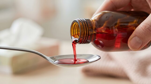 Liquid Medicine Dosage and Home Treatment, Syrup Poured Into Spoon