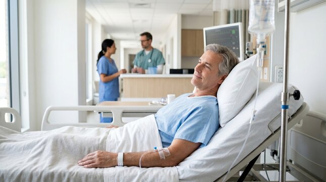 Hospital Recovery and Inpatient Care, Senior Man Resting in Medical Bed