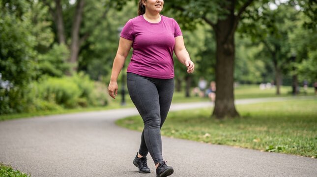 Walking for Fitness and Active Lifestyle, Plus Size Woman Exercising in Park