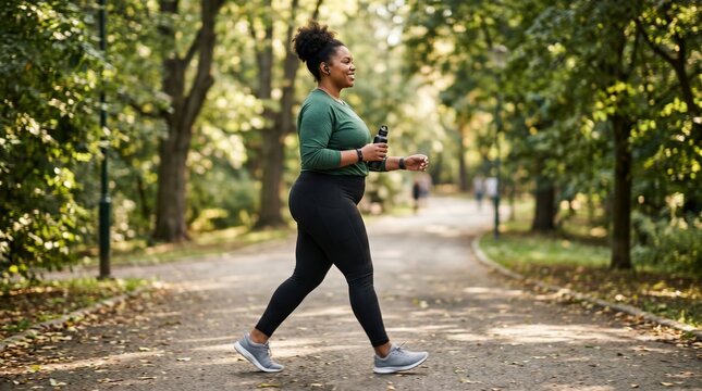 Plus Size Woman Power Walking Alone on a Shaded Park Trail