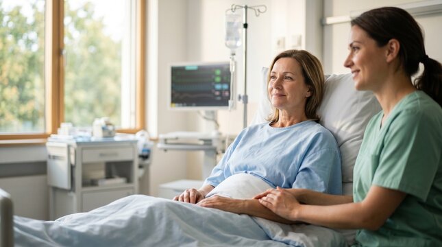 Patient Recovery and Nurse Support, Women Talking in Hospital