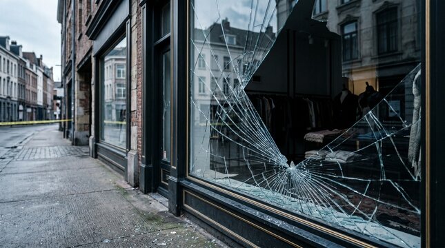 Shattered Storefront Window on an Empty Urban Street