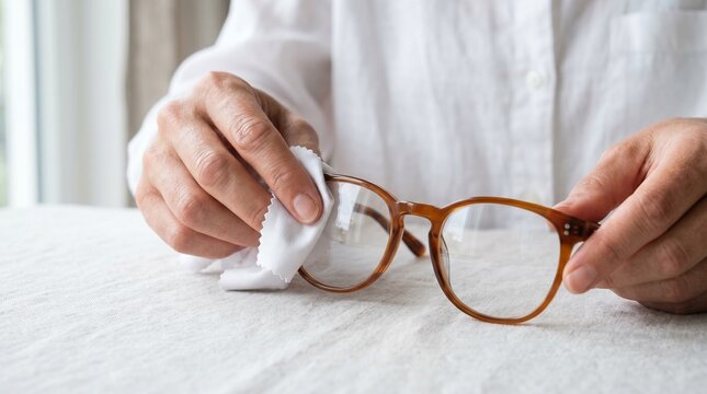 Eyeglass Care and Lens Cleaning, Hands Wiping Prescription Glasses