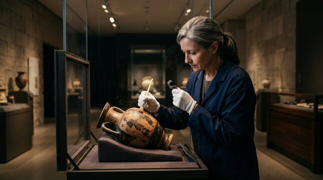 Museum Conservator Inspecting an Ancient Vessel Inside a Gallery