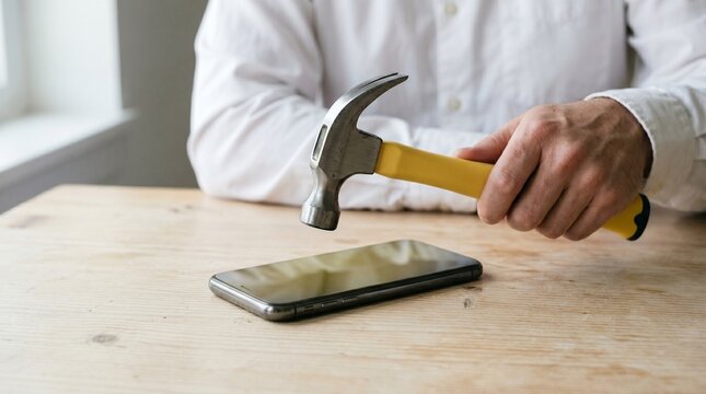 Hammer Raised Over a Smartphone on a Wooden Table