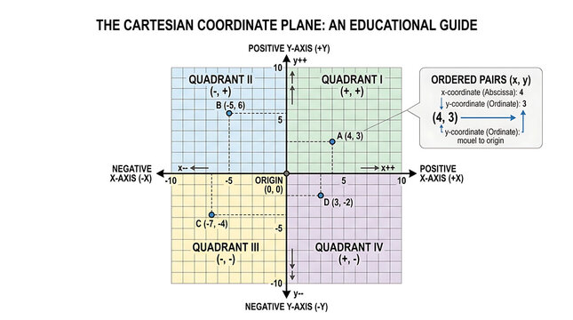 Educational mathematical diagram of a Cartesian coordinate plane featuring x and y axes, four quadrants, and plotted ordered pairs for students