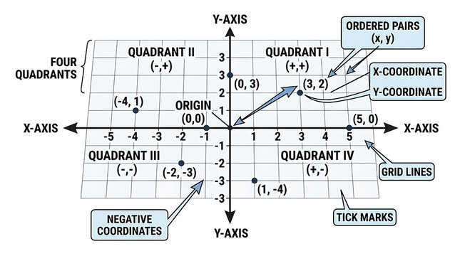 Educational Diagram of a Cartesian Coordinate System showing X and Y Axes with Four Quadrants and Ordered Pairs
