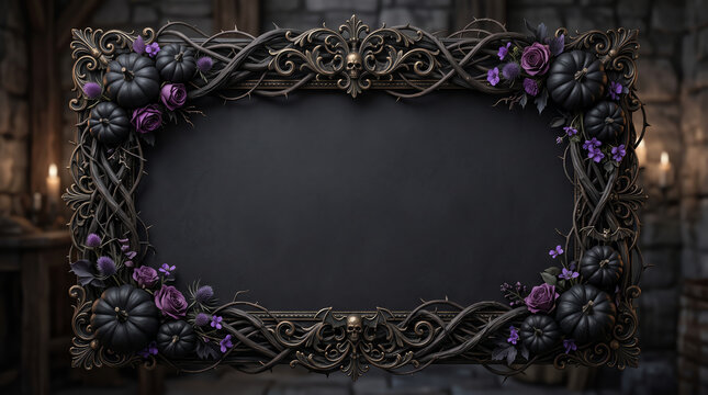 Ornate dark gothic frame with intricate mechanical gears and steampunk elements on a textured stone wall background