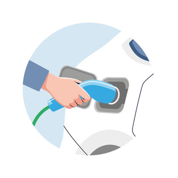 Person connects a charger to an electric car at a charging station. Energy-saving technologies, sustainable development and care for the environment. Vector illustration.