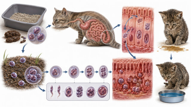 Feline Coccidiosis Life Cycle, Cystoisospora Infection Causing Intestinal Damage and Diarrhea in Kittens