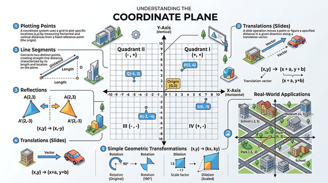 Educational infographic explaining the mathematical concepts of the coordinate plane, graphing, and geometric transformations