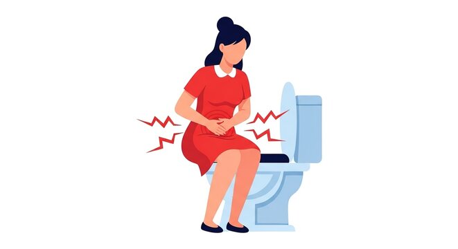 Stomach pain and diarrhea flat vector illustration. Woman sitting on toilet holding her belly in distress. Digestive system disorder, food poisoning, and bowel problem concept.