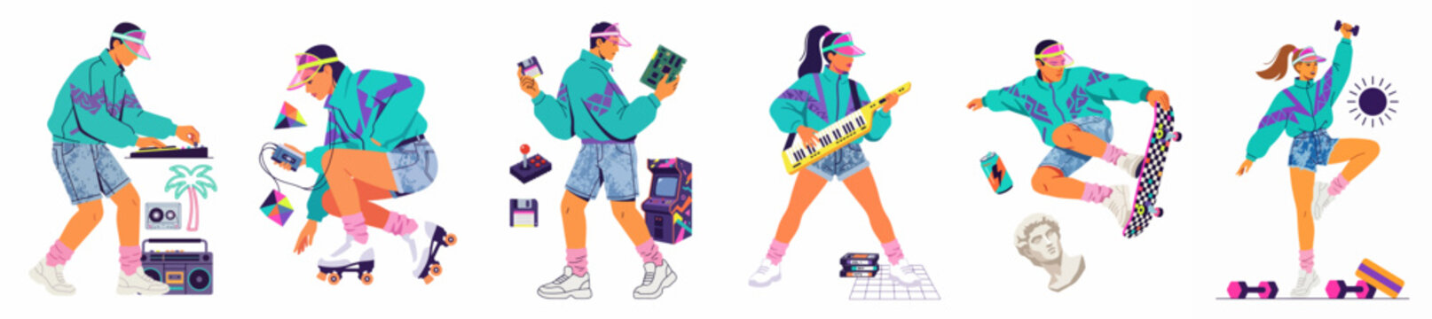 Set of retro 80s and 90s themed character illustrations featuring various hobbies like skating, gaming, music, and fitness in a vibrant vaporwave aesthetic.