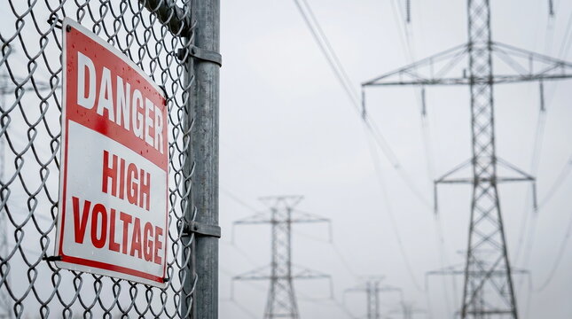 High voltage warning sign on chain-link fence with blurred power lines in background, depicting electrical hazard and safety.