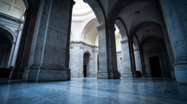 Classical interior featuring stone columns and arches, polished marble floor in majestic hall, history and grandeur concept.