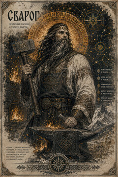 Svarog Slavic God of Fire and Smithing with Hammer and Anvil, Celestial Blacksmith Pagan Mythology Illustration