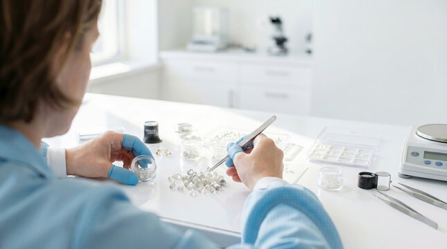 Gemologist sorting raw diamonds with tweezers in pristine laboratory setting for quality control and evaluation.