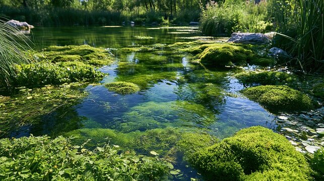 Urban ecological wetland reserve,clear water area,lush aquatic green plants,no extra debris,simple natural environmental empty shot