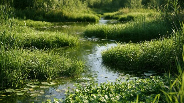 Urban ecological wetland reserve,clear water area,lush aquatic green plants,no extra debris,simple natural environmental empty shot
