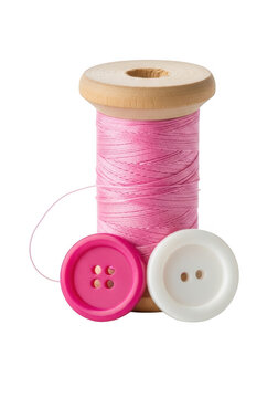 Pink sewing thread spool with one pink and one white button for clothing repair isolated on transparent background