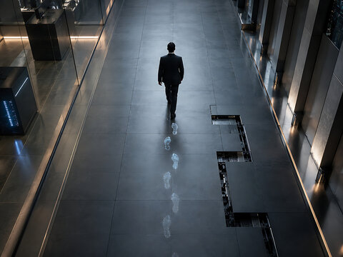 Elegant businessman walking down sleek modern corridor with illuminated glowing footsteps tracking progress and innovative path toward future success