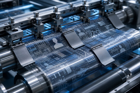 Industrial printer producing digital personal ID records with blue light effects and high tech mechanical components for cybersecurity manufacturing