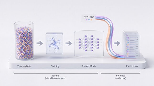 Three dimensional infographic illustration of machine learning pipeline showing training data model development and inference predictions
