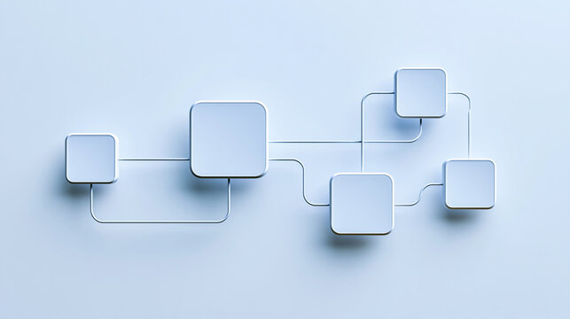 A minimalist 3D flowchart with six interconnected square nodes on a light blue background, illustrating process or network relationships.