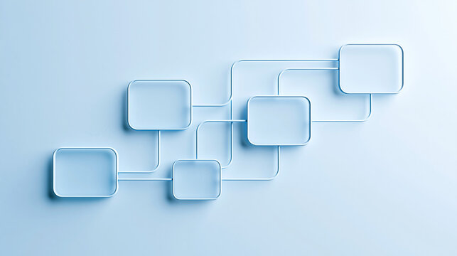Minimalist flowchart with interconnected rounded rectangles on a light blue background, representing process or data flow.