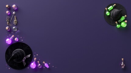 Fototapeta premium Halloween witch hats and glowing magic potion bottles on a dark purple background