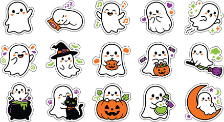 Fototapeta premium Cute ghost stickers for Halloween party decoration