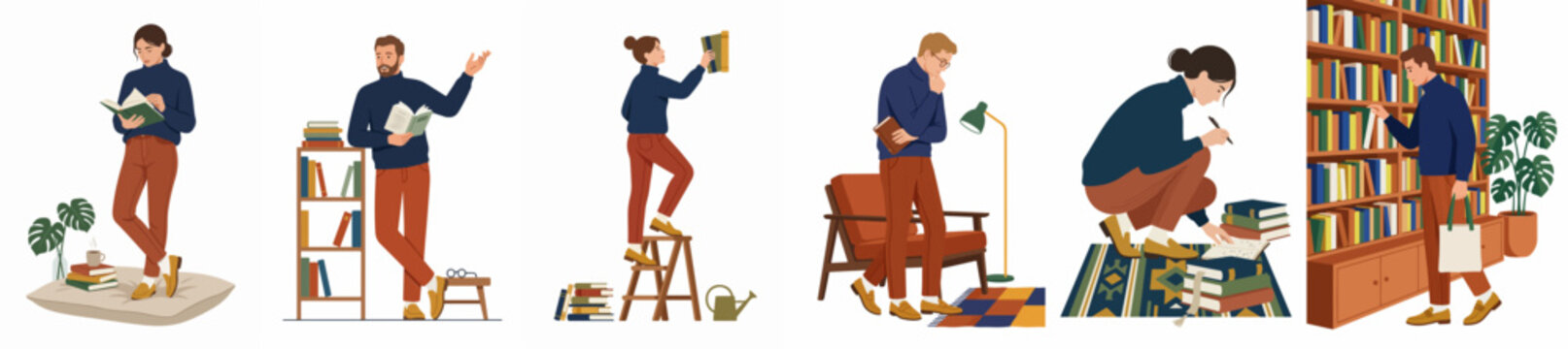 Set of flat illustrations featuring people reading, browsing, and organizing books in various home library and bookstore scenes.